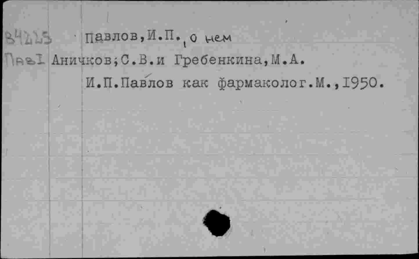 ﻿<	”	■ пдвлов,И.П^о нем
Аничков}С.В.и Гребенкина,М.А.
И.П.Павлов как фармаколог.М.,1950.